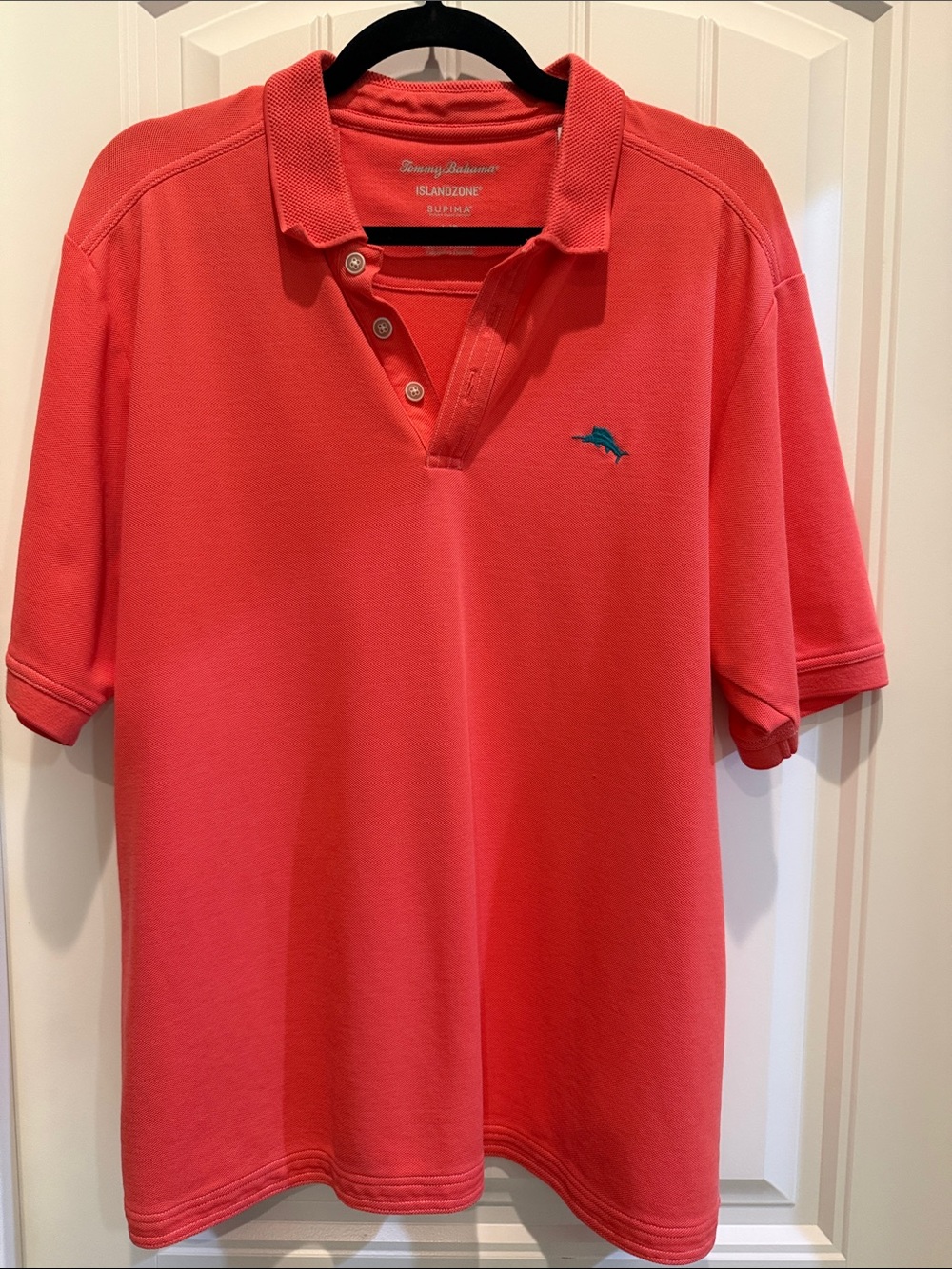 Tommy Bahama Coral Short-Sleeve Polo with Teal Dolphin Logo